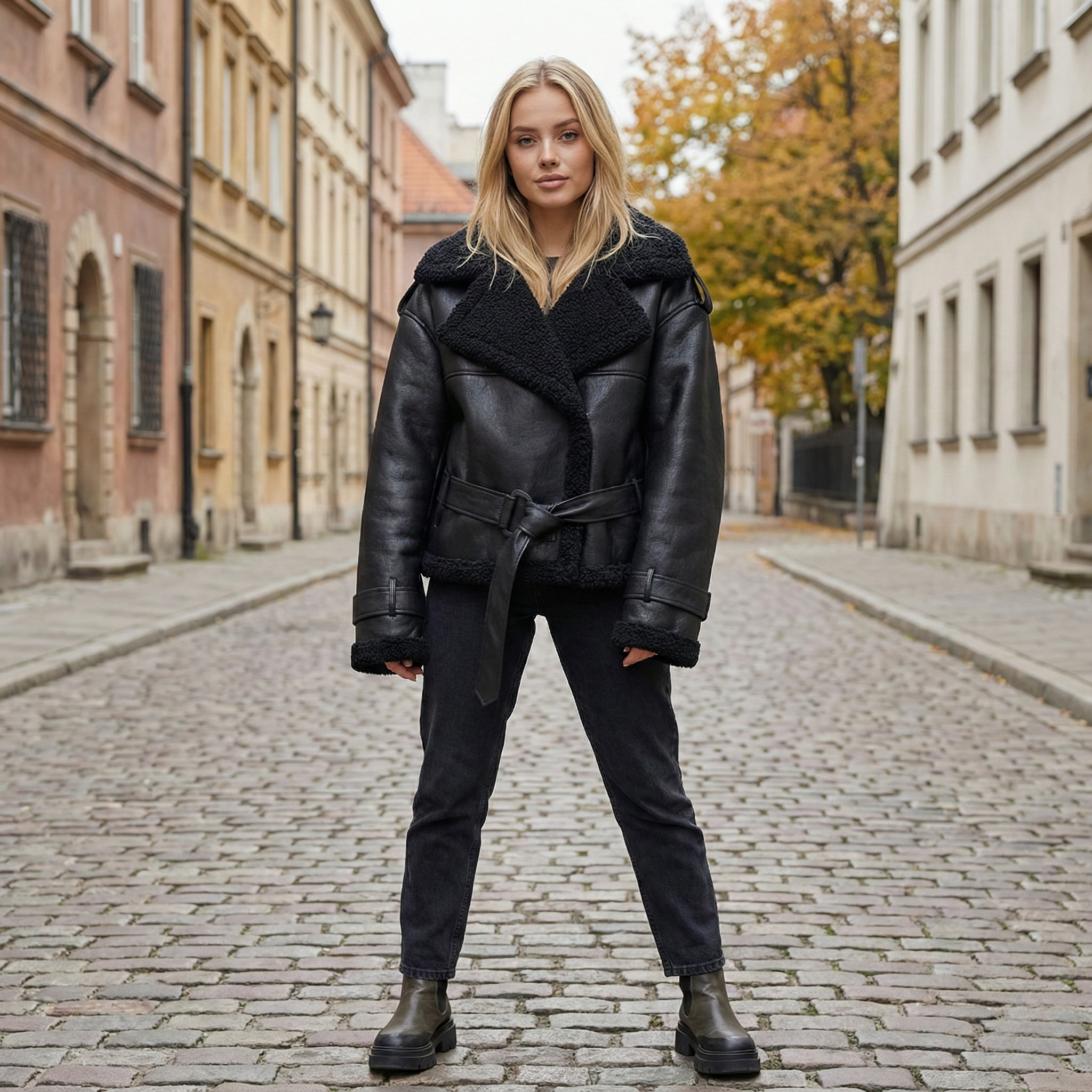 Elvira | Płaszcz z owczej skóry z paskiem